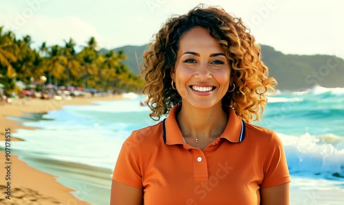 Group portrait video of a satisfied Brazilian woman in her 40s wearing a sporty polo shirt against a beach background  photo