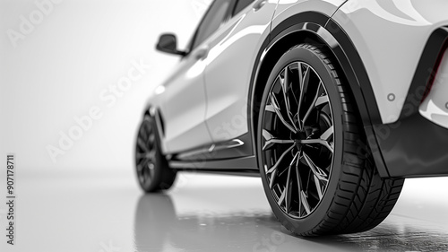 Closeup of white car with black wheels for website design and development company