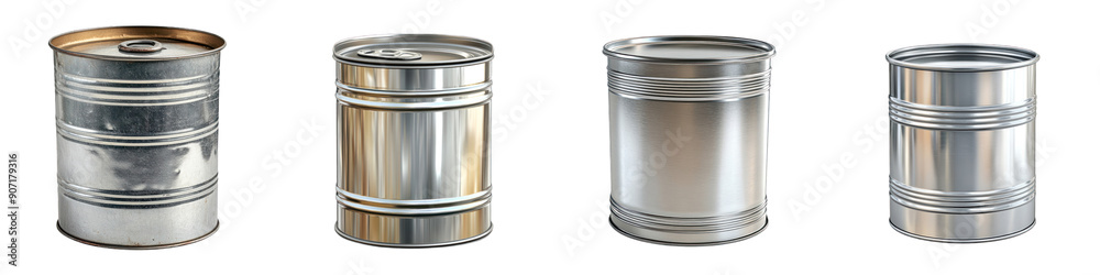 Collection of metallic can barrels showcasing different designs and sizes for industrial and storage purposes. transparent background