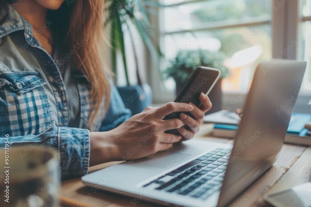 A person using a laptop and cell phone at a desk, likely for work or personal use A person using a laptop and cell phone at a desk, likely for work or personal use