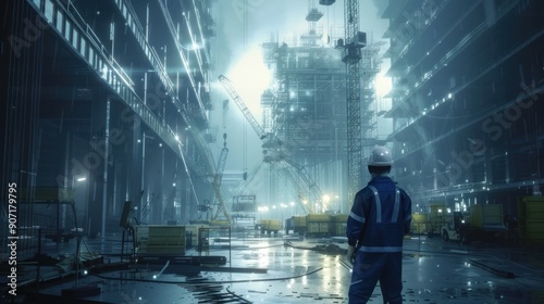 A construction worker wearing safety gear stands at an industrial project site, looking towards the tall buildings that are being built with hard work and dedication