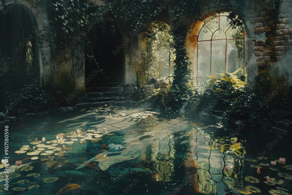 A peaceful scene with water lilies floating on the surface, reflected in a window A peaceful scene with water lilies floating on the surface, reflected in a window