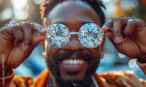 A man joyfully holds two large diamonds in front of his eyes, smiling widely with excitement, symbolizing wealth and luxury in a playful and exuberant manner.