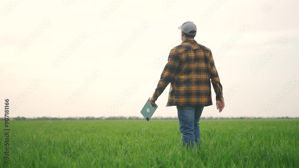 farmer with tablet in the field. business finance nature and people concept. a farmer in lifestyle a hat and plaid shirt walks through a green field with a tablet in his hands farmer with tablet in the field. business finance nature and people concept. a farmer in lifestyle a hat and plaid shirt walks through a green field with a tablet in his hands