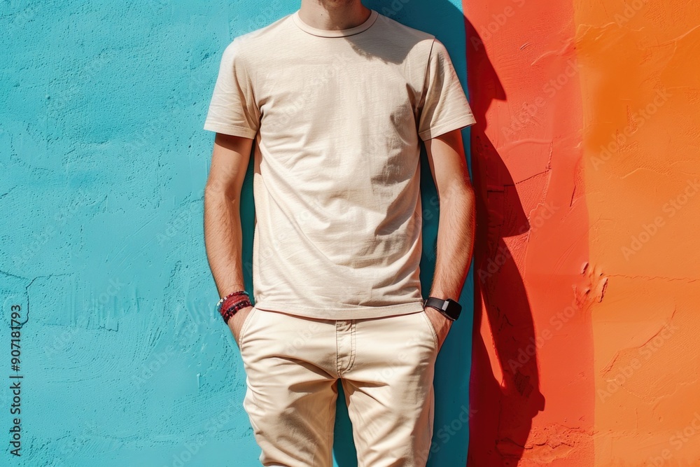 A person standing beside a colorful wall with a blue and orange theme A person standing beside a colorful wall with a blue and orange theme