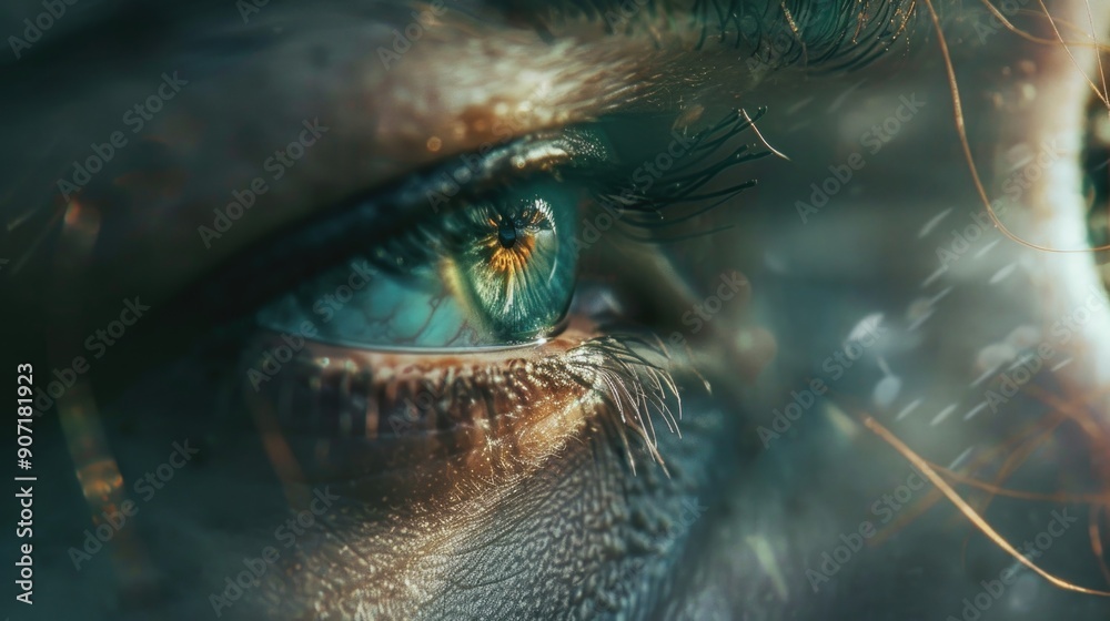 A detailed view of a person's blue eye with eyelashes and eyebrows visible