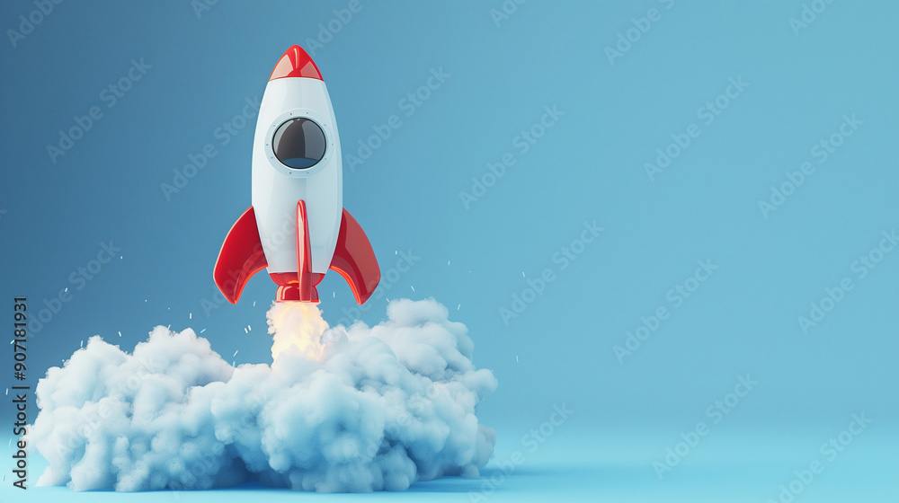レトロでかわいいロケットが離陸する様子を3Dで立体的に描いたAI生成画像 レトロでかわいいロケットが離陸する様子を3Dで立体的に描いたAI生成画像