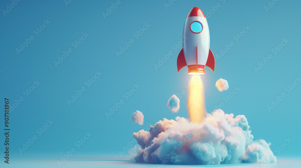 レトロでかわいいロケットが離陸する様子を3Dで立体的に描いたAI生成画像 レトロでかわいいロケットが離陸する様子を3Dで立体的に描いたAI生成画像