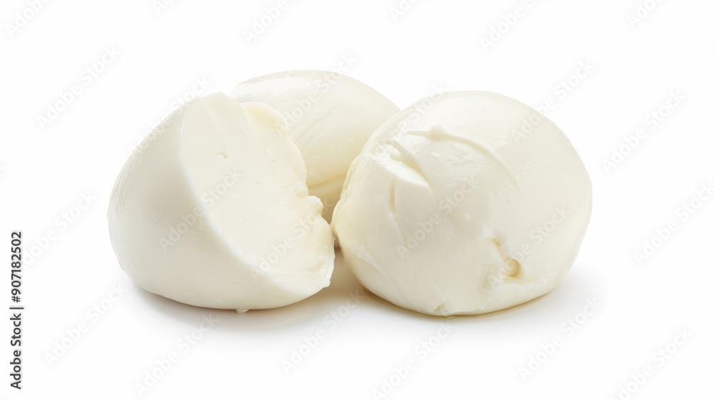 Three white cheeses are cut in half and placed on white background Three white cheeses are cut in half and placed on white background