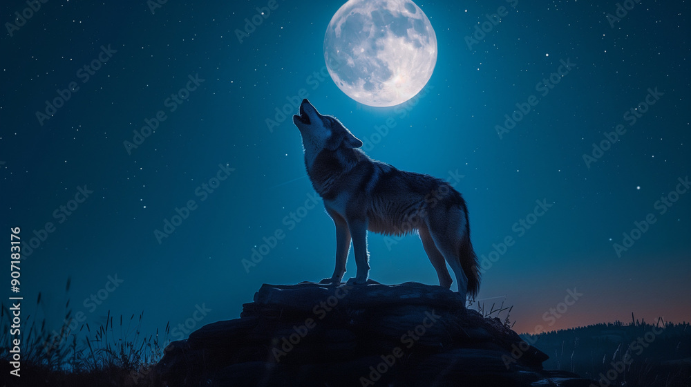 Wolf Howling at Full Moon in Starry Night Sky