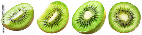 Freshly sliced kiwi showcases vibrant green and black seeds, perfect for healthy recipes or fruit displays. transparent background