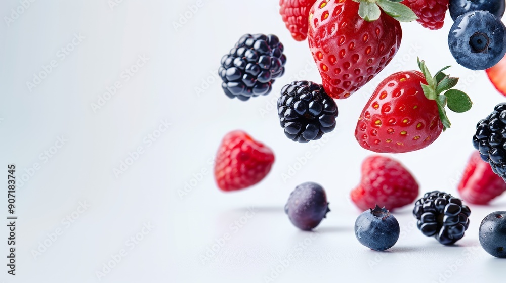 A close up of a bunch of berries and strawberries A close up of a bunch of berries and strawberries
