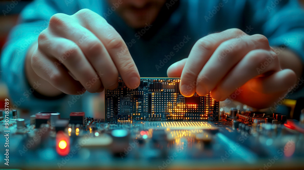 Close-up of a person assembling a circuit board, showcasing hands working meticulously on electronic components. Close-up of a person assembling a circuit board, showcasing hands working meticulously on electronic components.