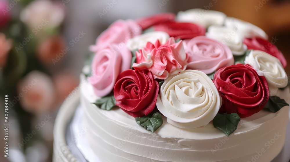 A white cake with buttercream frosting, decorated with red and pink roses and greenery, on a rustic wooden table. A white cake with buttercream frosting, decorated with red and pink roses and greenery, on a rustic wooden table.