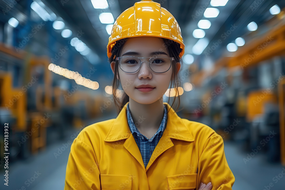 Portrait of a confident female worker in a yellow safety helmet and uniform at a modern industrial facility. Portrait of a confident female worker in a yellow safety helmet and uniform at a modern industrial facility.