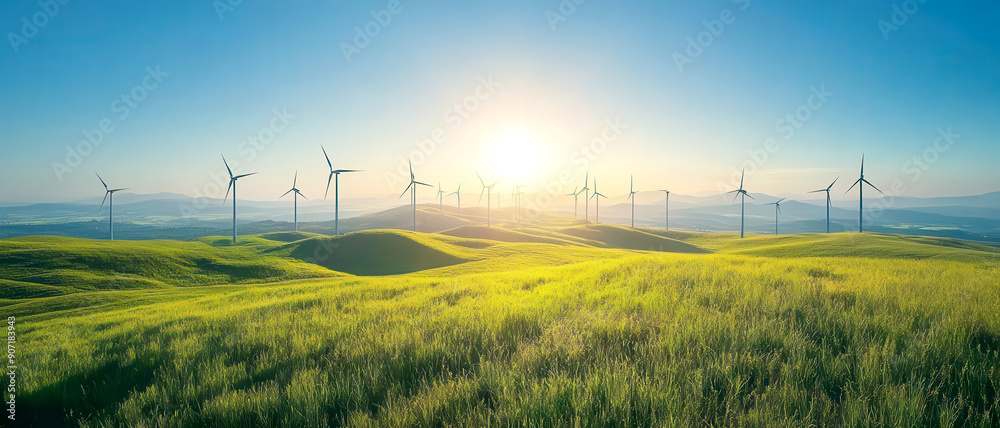 Scenic landscape with wind turbines, green grass, and bright blue sky at sunrise, symbolizing clean energy and sustainability. Scenic landscape with wind turbines, green grass, and bright blue sky at sunrise, symbolizing clean energy and sustainability.