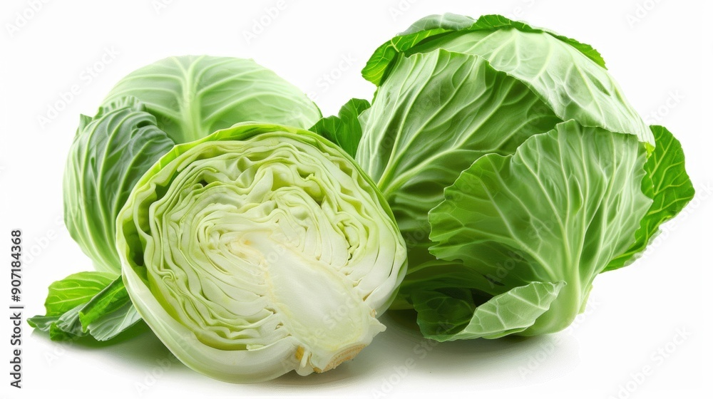 A piece of cabbage is cut in half and is sitting on a white background A piece of cabbage is cut in half and is sitting on a white background
