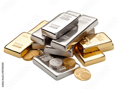 Gold And Silver Bars With Coins On Transparent Background