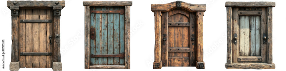 A collection of four unique wooden doors, showcasing different textures and colors that add charm to any setting. transparent background