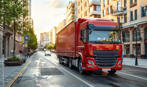 Logistics and delivery services are depicted with a red truck efficiently delivering goods to their intended destination.