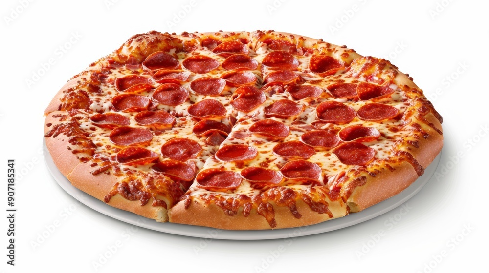 A pepperoni pizza is sitting on a white plate