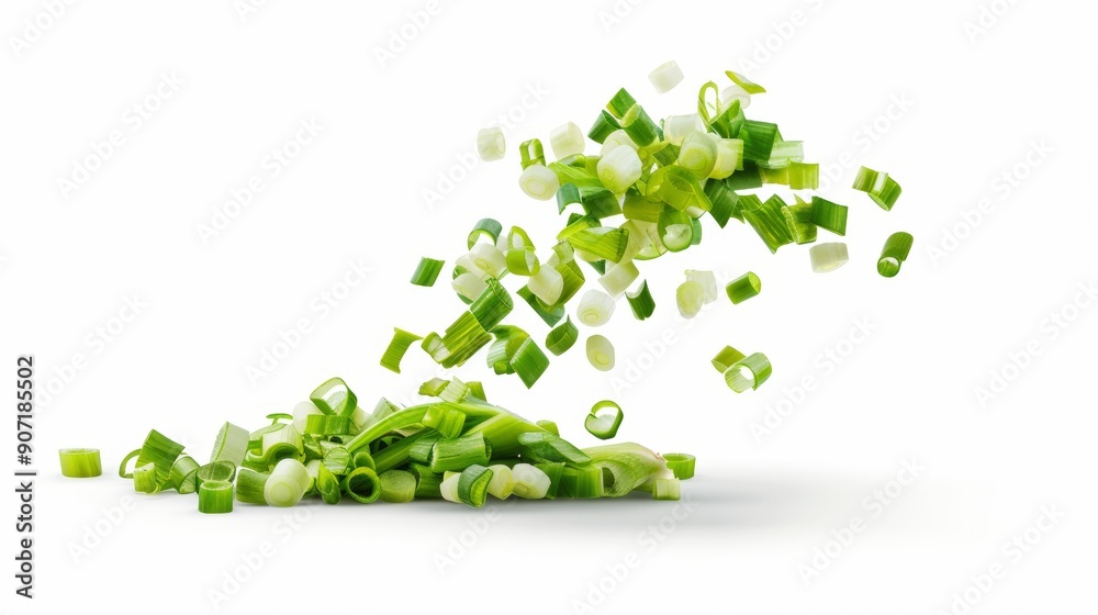 A pile of chopped green onions scattered across a white background A pile of chopped green onions scattered across a white background