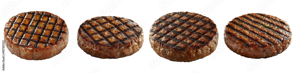 A collection of perfectly grilled burger patties showcasing deliciousness and grilling perfection for culinary and food photography. transparent background A collection of perfectly grilled burger patties showcasing deliciousness and grilling perfection for culinary and food photography. transparent background
