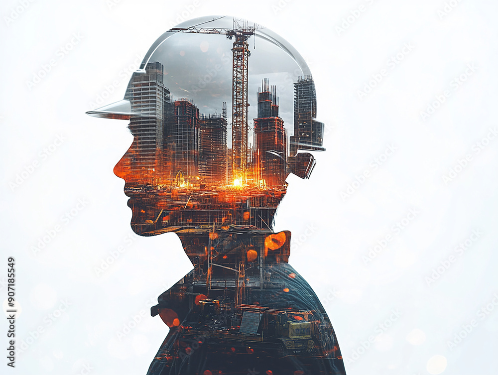Double Exposure of Engineer in Helmet with Urban Skyline Double Exposure of Engineer in Helmet with Urban Skyline