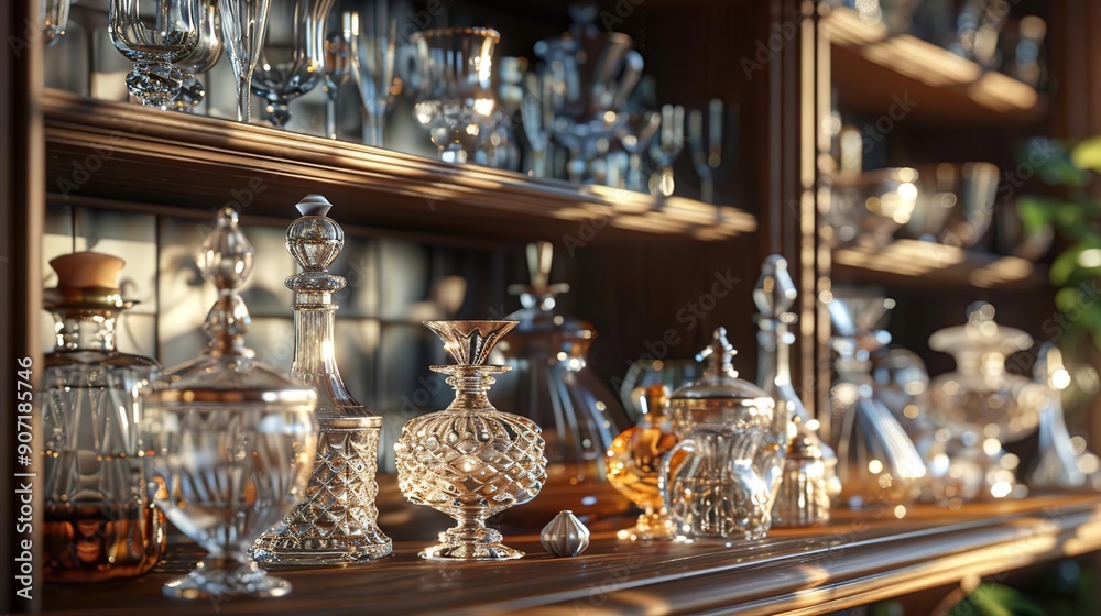 3D Render of Crystal Decanters and Glasses on a Wooden Shelf 3D Render of Crystal Decanters and Glasses on a Wooden Shelf