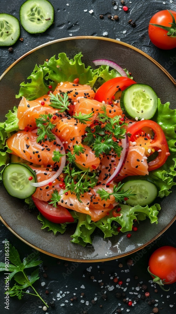 Fresh and Flavorful Keto-Friendly Salmon Salad: A Healthy Mix of Lettuce, Cucumber, Tomato, Bell Pepper, and Red Onion as a Paleo and Low-Carb Diet Delight
