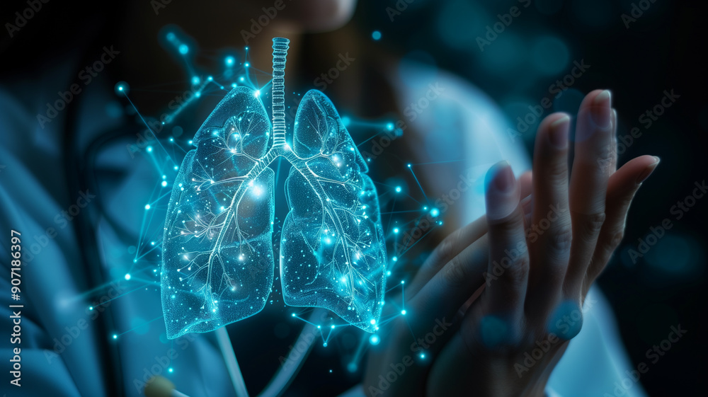 A doctor with a stethoscope holds a virtual lung A doctor with a stethoscope holds a virtual lung