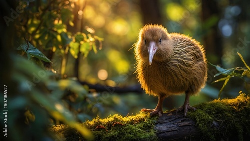 Adorable kiwi chick explores its natural habitat, its large eyes scanning the forest floor. This native New Zealand bird is a symbol of the country's unique wildlife