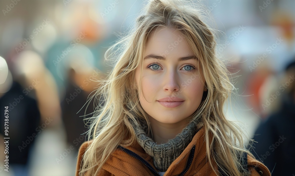 A cute young blonde woman is standing cheerfully amidst a lively crowd of people, radiating positivity. A cute young blonde woman is standing cheerfully amidst a lively crowd of people, radiating positivity.