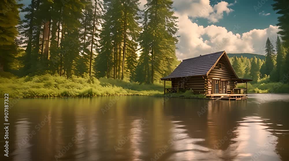 wooden cabin by the forest river Seamless looping 4k time-lapse virtual video animation background. wooden cabin by the forest river Seamless looping 4k time-lapse virtual video animation background.