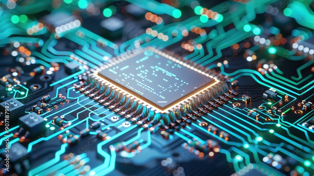 Obraz premium Close-up of a modern microchip on a circuit board, showcasing intricate connections and technology. Perfect for tech and electronics concept.