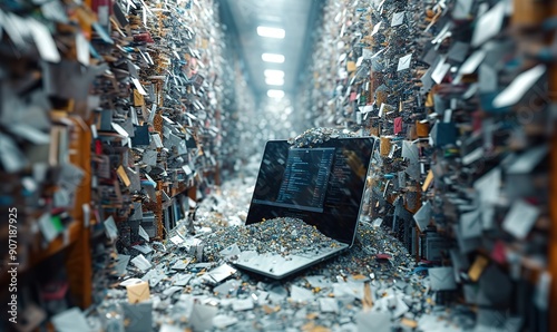 Clutter and spam concepts are depicted with millions of emails flooding over a laptop computer screen.