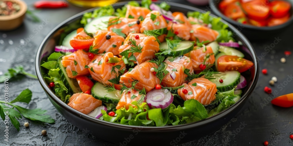 Fresh and Flavorful Keto-Friendly Salmon Salad: A Healthy Mix of Lettuce, Cucumber, Tomato, Bell Pepper, and Red Onion as a Paleo and Low-Carb Diet Delight Fresh and Flavorful Keto-Friendly Salmon Salad: A Healthy Mix of Lettuce, Cucumber, Tomato, Bell Pepper, and Red Onion as a Paleo and Low-Carb Diet Delight