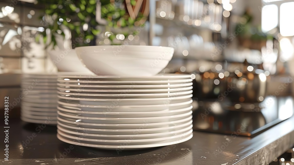 Stack of White Plates and Bowl in Modern Kitchen 3D Illustration Stack of White Plates and Bowl in Modern Kitchen 3D Illustration