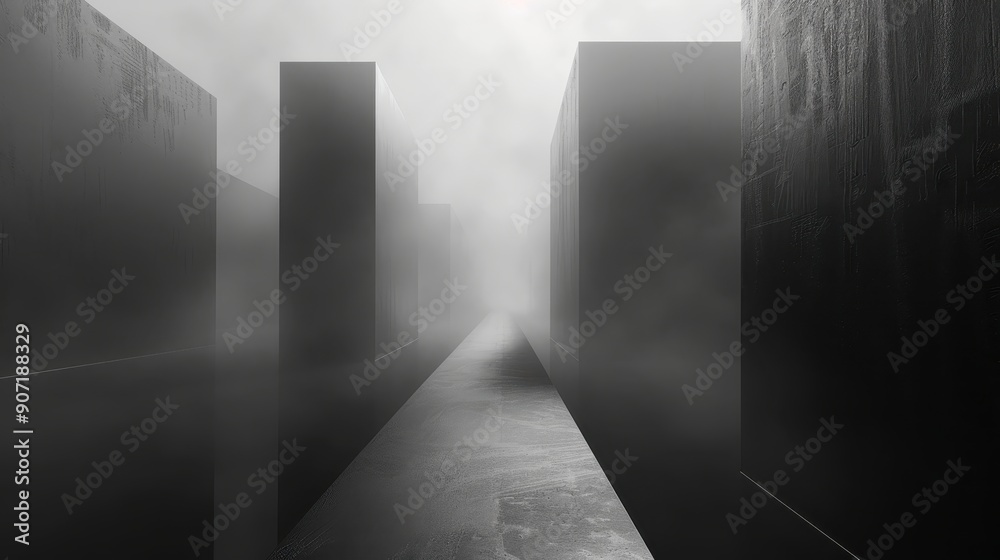 Foggy Pathway Between Tall Black Walls Foggy Pathway Between Tall Black Walls