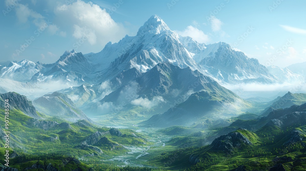 Snowy Mountain Peak with Lush Green Valley 3D Illustration Snowy Mountain Peak with Lush Green Valley 3D Illustration