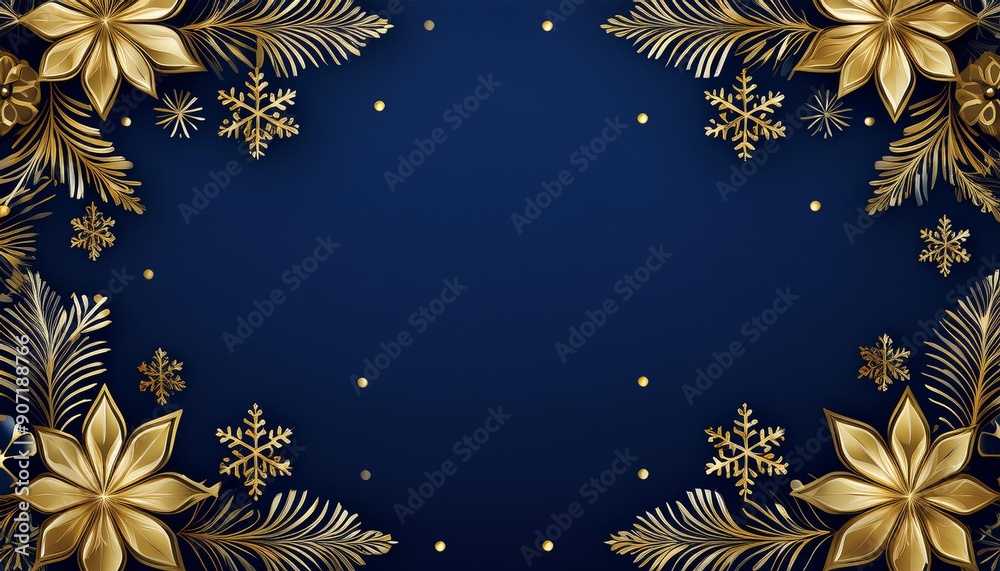 Christmas dark blue background with gold snowflakes; space for text, design, banner Christmas dark blue background with gold snowflakes; space for text, design, banner