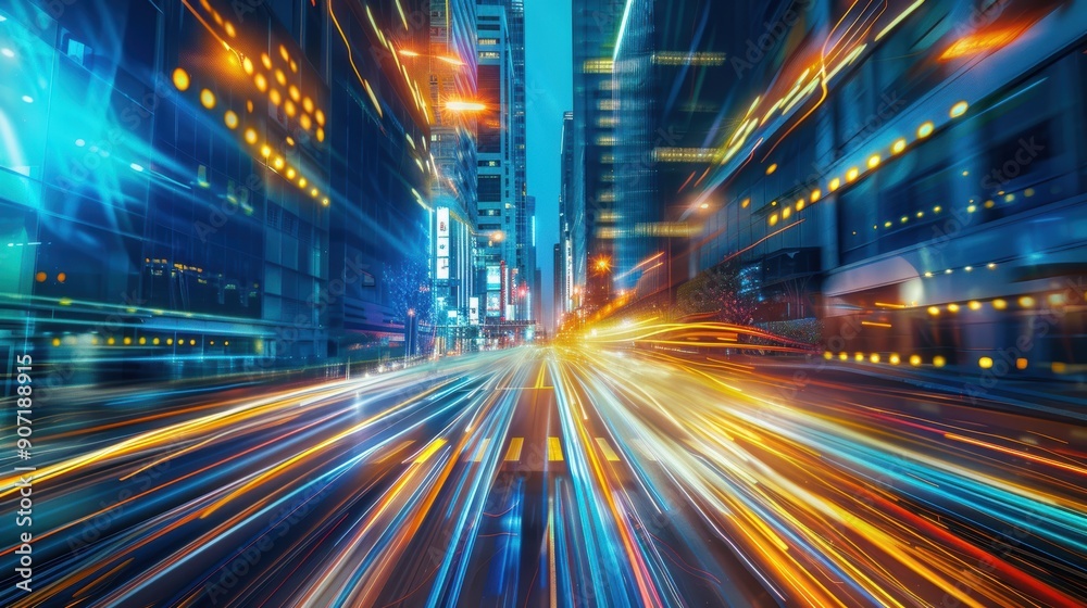 Light trails on the modern building background. Light trails at night in urban environment, Abstract Motion Blur City, traffic, transportation, street, road, speed Light trails on the modern building background. Light trails at night in urban environment, Abstract Motion Blur City, traffic, transportation, street, road, speed