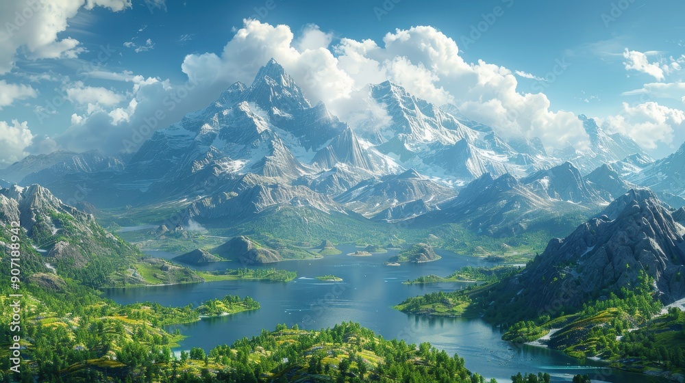 Fototapeta premium Mountain Lake Landscape Digital Illustration