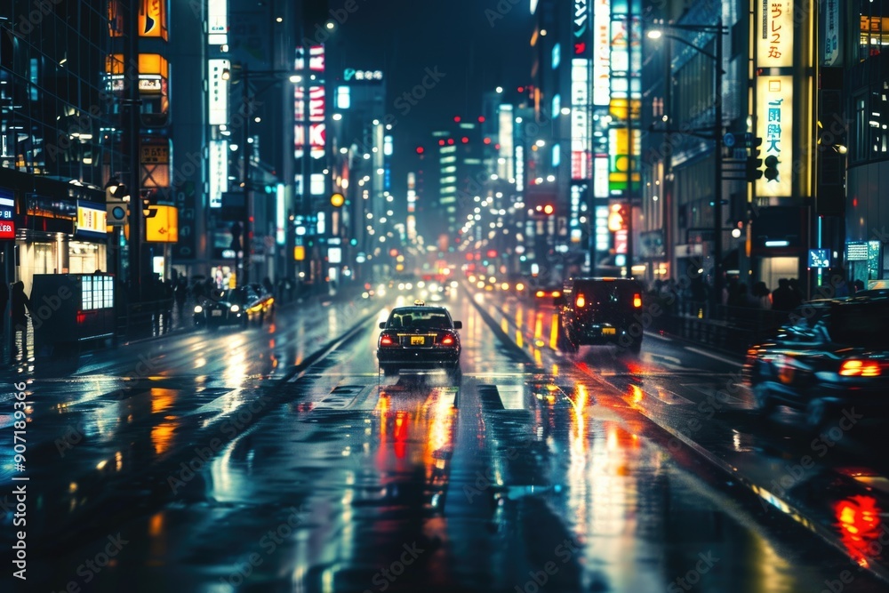 Urban scene of a city street at night with cars and neon signs Urban scene of a city street at night with cars and neon signs