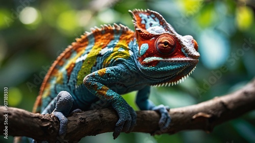 A vibrant chameleon perched on a branch, showcasing its incredible ability to change color. Its intricate patterns and striking hues are a testament to nature's artistry