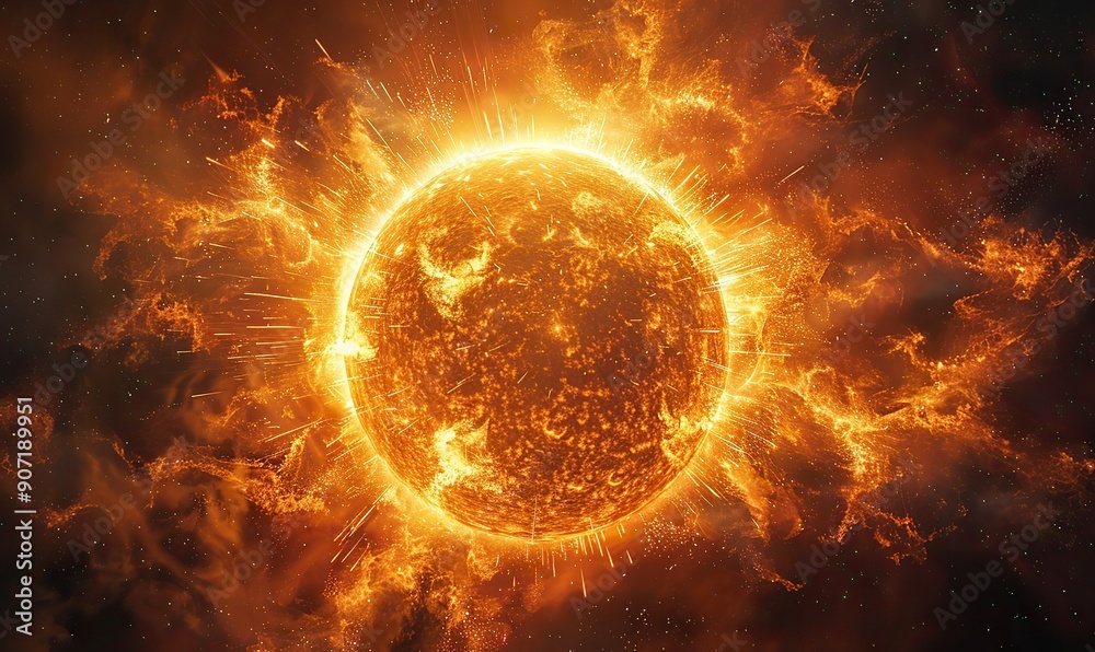 Fototapeta premium A blazing fireball or sun with intense flames and sparks against a dark background represents powerful heat energy.