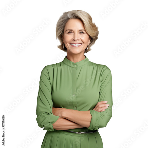 Smiling Senior Woman In Green Outfit With Arms Crossed