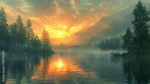 Mountain Lake Sunrise - 3D Illustration