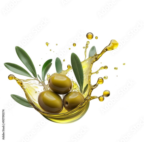 PNG Delicious olive oil splash with fresh leaves