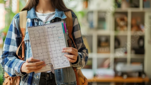 Student holding a monthly planner, showcasing scheduling and organization skills in a study environment.
